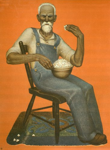 Illustrations From Farm On The Hill, Grandpa With Popcorn and Grandma Mending by Grant Wood